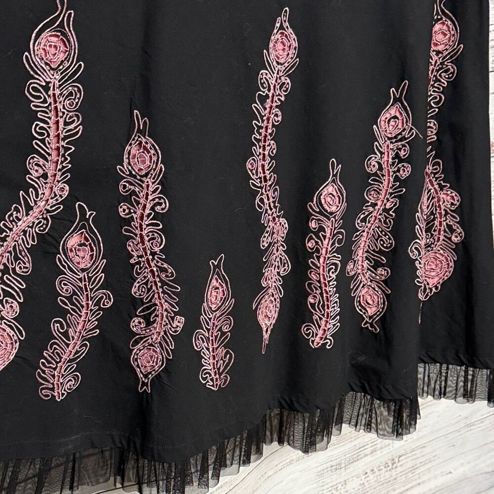 Anthropologie Basil & Maude Embroidered Flare Skirt Black Pink Size 14